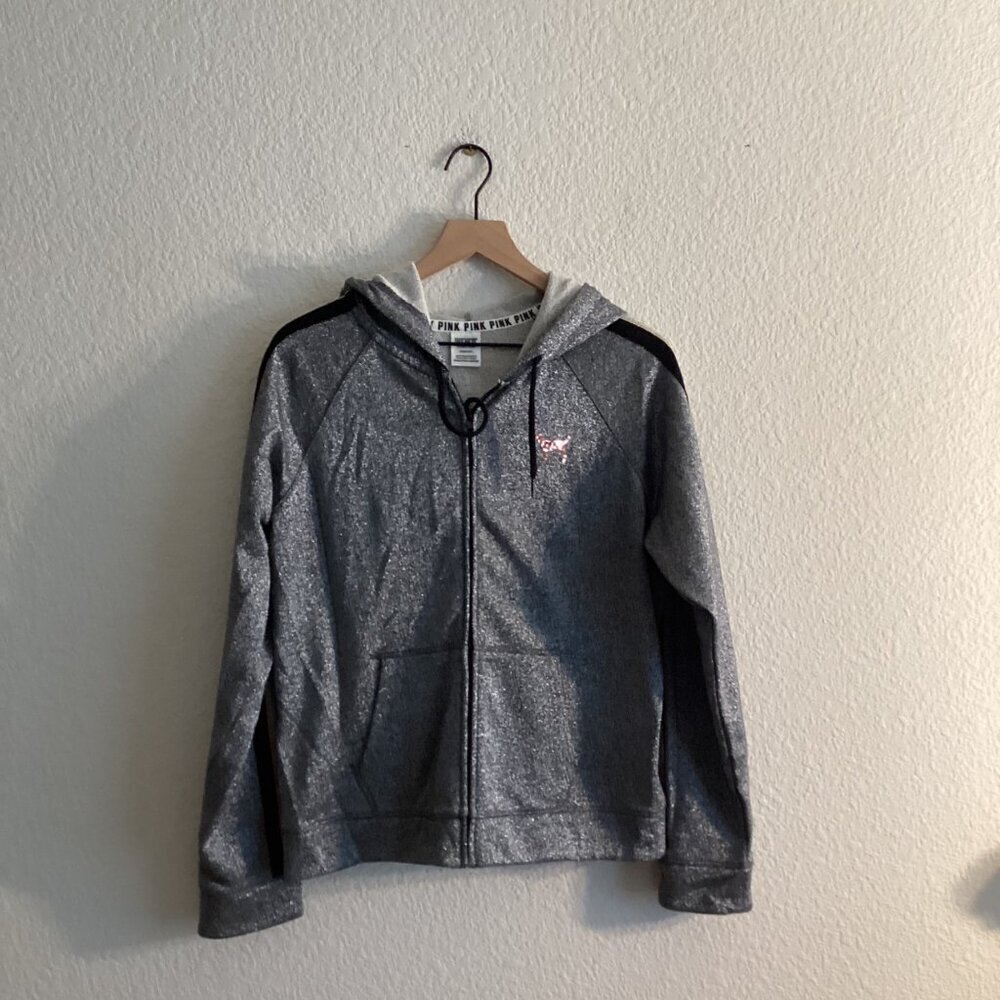 PINK Victoria’s Secret Hoodie Women's Jacket Large – Gray, Sequin Logo, Full Zip - Picture 3 of 9